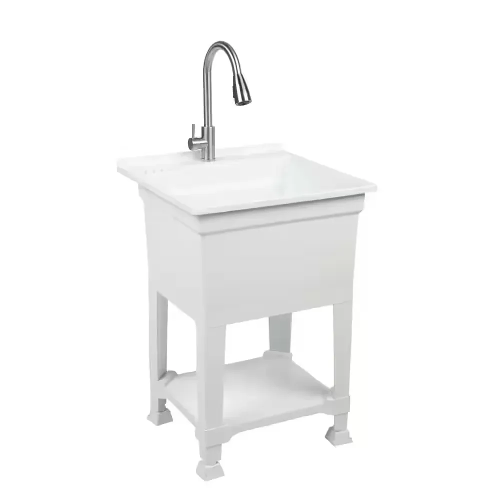 24 in. W x 24 in. D x 35 in. H Freestanding Laundry/Utility Sink in White with Stainless Steel Pull-Out Faucet - image 1