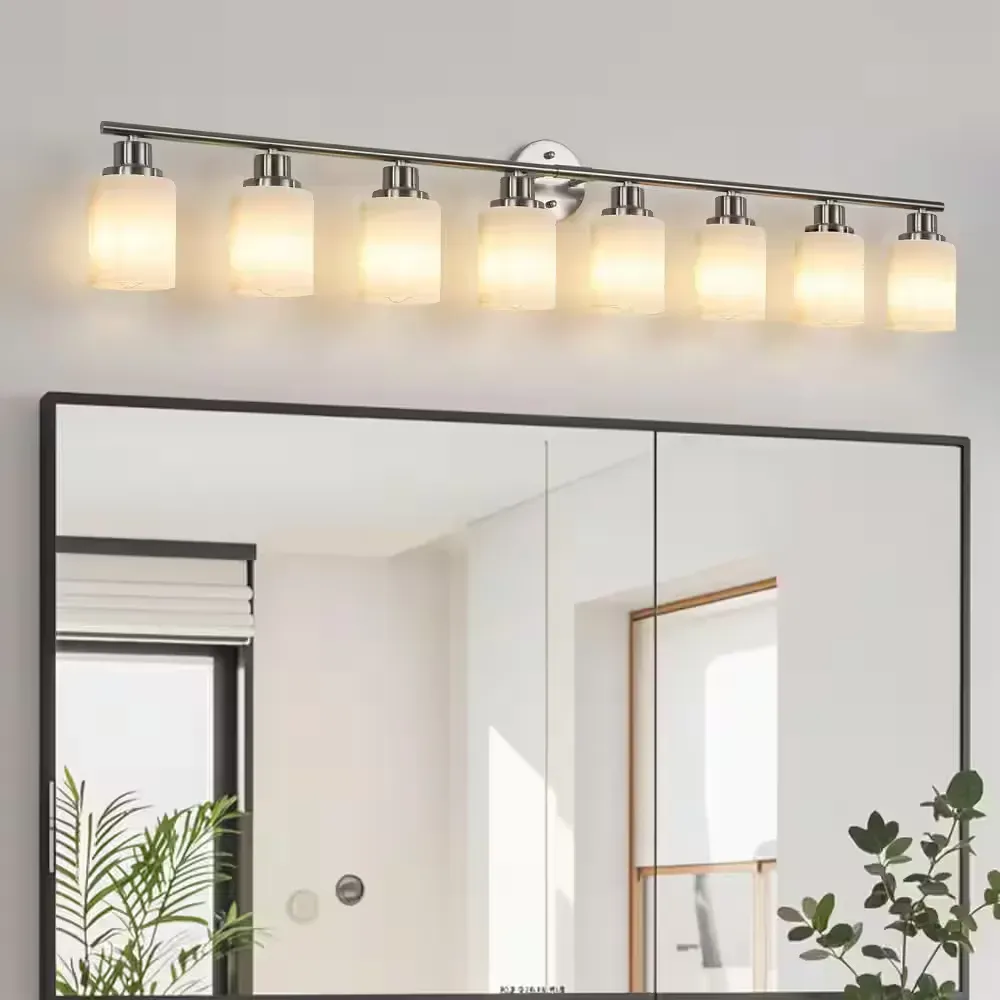 52 in. 8 Light Chrome Dimmable Vanity Light with White Glass Shade for Bedroom Bathroom Dressing Room, No Bulbs Included - image 1