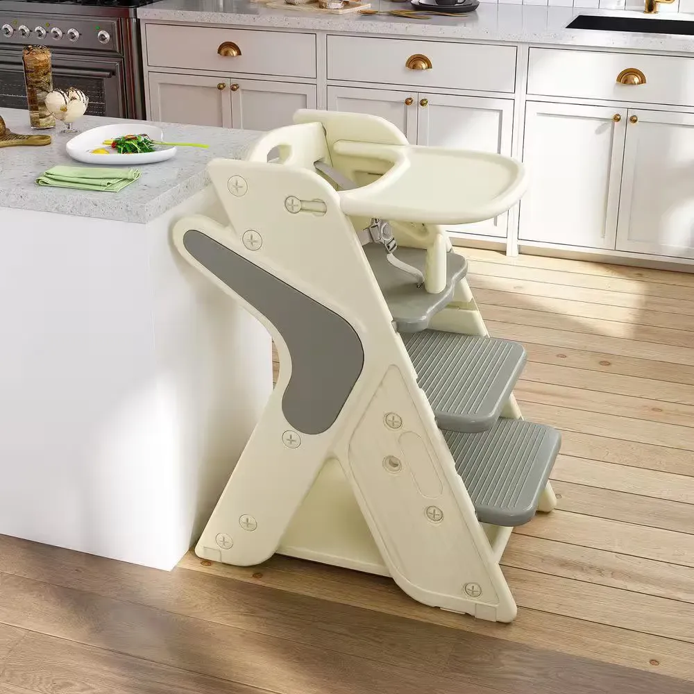Gray HDPE Growing Up Dining Chair Adjustable Height Toddler Tower Use 5-Point Seat Belts, Movable Large Dinner Plate - image 1