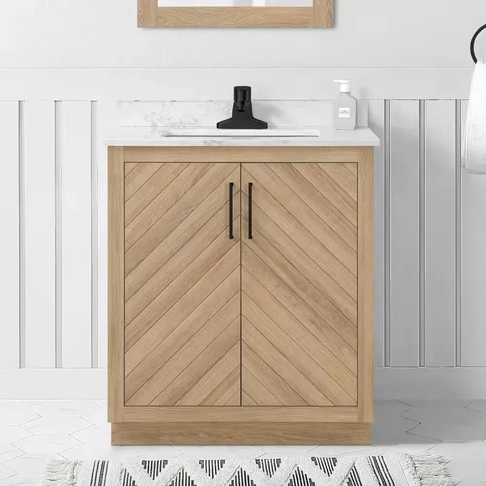 Huckleberry 30 in. Single Sink Freestanding Weathered Tan Bath Vanity with White Engineered Marble Top (Assembled) - image 1