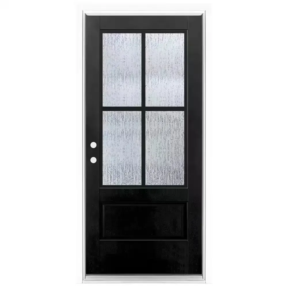 36 in. x 80 in. 3/4 Lite Right-Hand Inswing 4 lite SDL Water Wave Glass Finished Black Fiberglass Prehung Front Door - image 1
