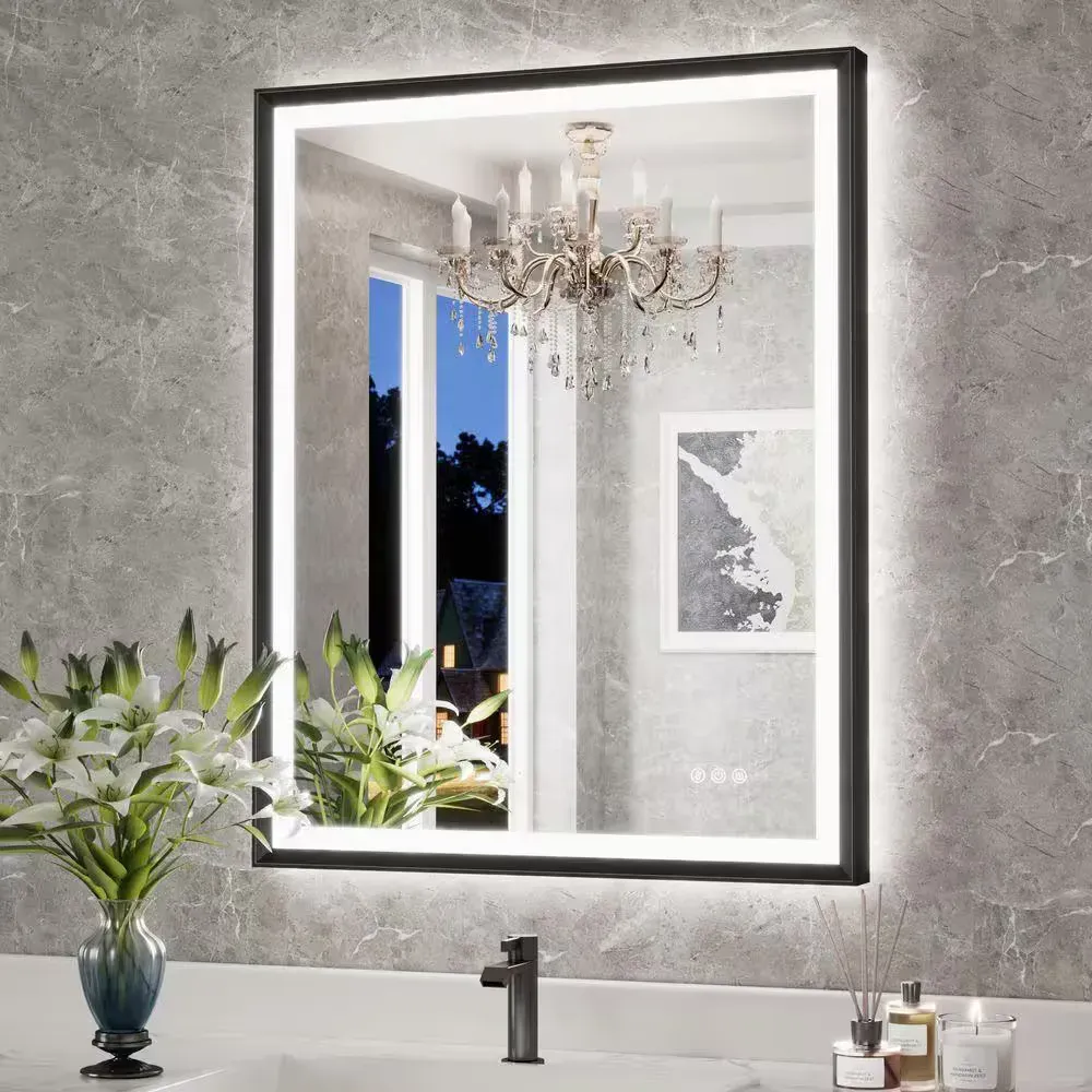 28 in. W x 36 in. H Rectangular Framed LED Lighted Bathroom Vanity Mirror with Light in Black with Backlit and Anti-Fog - image 1