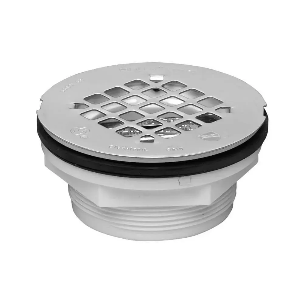 Round No-Caulk White PVC Shower Drain with 4-1/4 in. Round Snap-In Stainless Steel Drain Cover - image 1
