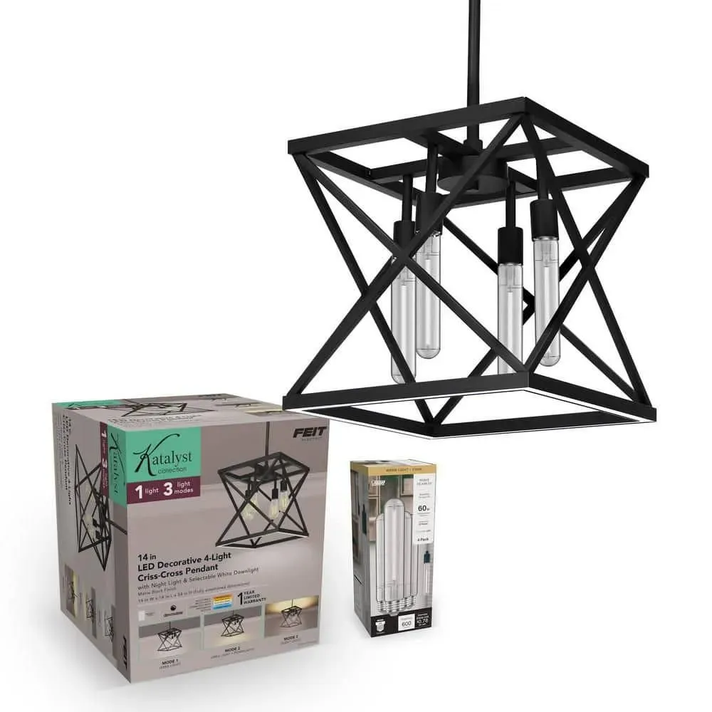 Feit Electric Katalyst 60W 4-Light Matte Black CCT Integrated LED Pendant Light and 60W Equivalent T10L Warm White LED Bulbs (4-Pack) - image 1