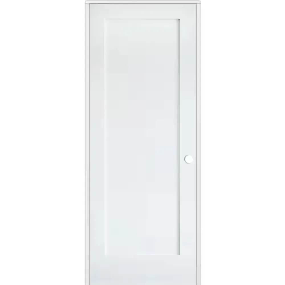 **frame is a little bit of damage in the door has minor dents **32 in. x 80 in. Shaker 1-Panel Primed Solid Hybrid Core MDF Left-Hand Single Prehung Interior Door - image 1