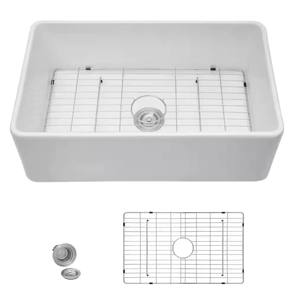 33 in. White Farmhouse Kitchen Sink Workstation Flat Apron Front Fireclay Single Bowl Large Capacity Sinks - image 1