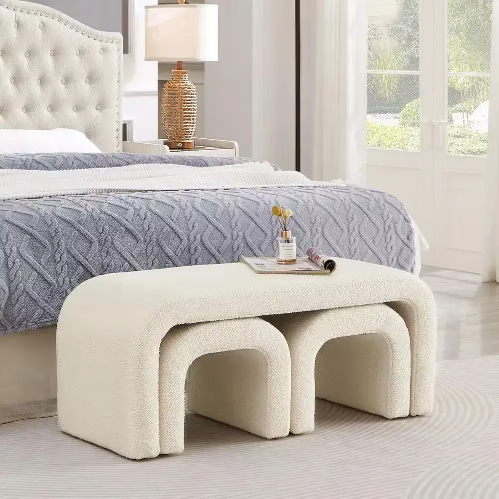 43.5 in. Cream Set of 3 U-Shaped Teddy Ottoman Bench 2 Small Sofa Footrest Extra Seating Bench and Ottoman Vanity Stools - image 1