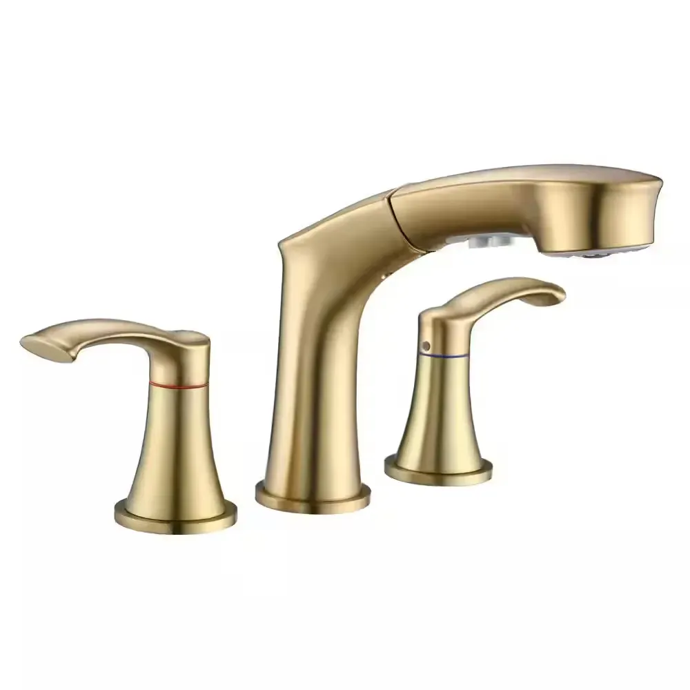 Widespread 3-Hole Bathroom Sink Faucet with Pull-Out Sprayer, Brushed Gold Finish - image 1