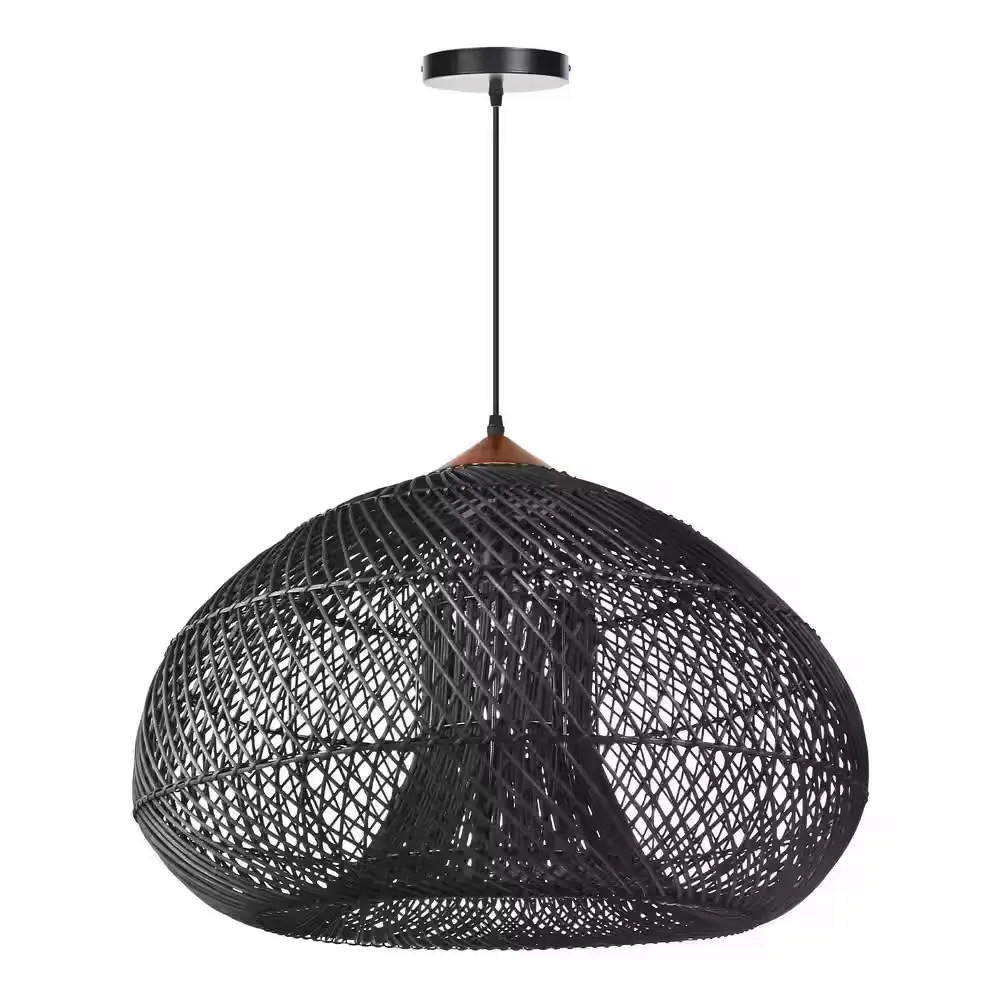 60-Watt 1-Light Black Rattan Hand-Woven Pendant Light with Dome Shape Shade, No Bulbs Included, 24 in. - image 1
