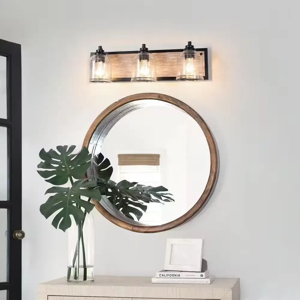 Farmhouse 23 in. 3-Light Black and Grey Wood Grain Metal Bathroom Vanity Light with Clear Seeded Glass Shades - image 1