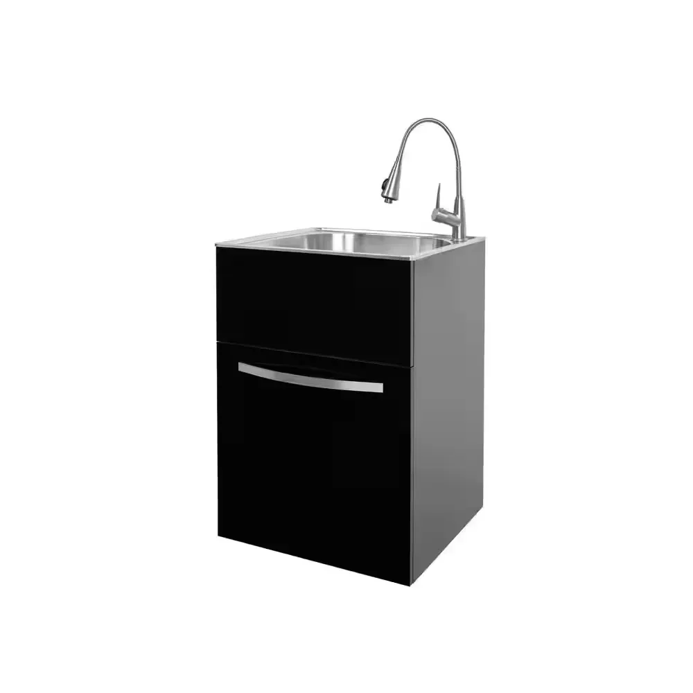 24 in. W x 21 in. D x 34 in. L Stainless Steel Laundry Sink with Faucet and Drawer Cabinet in Black - image 1