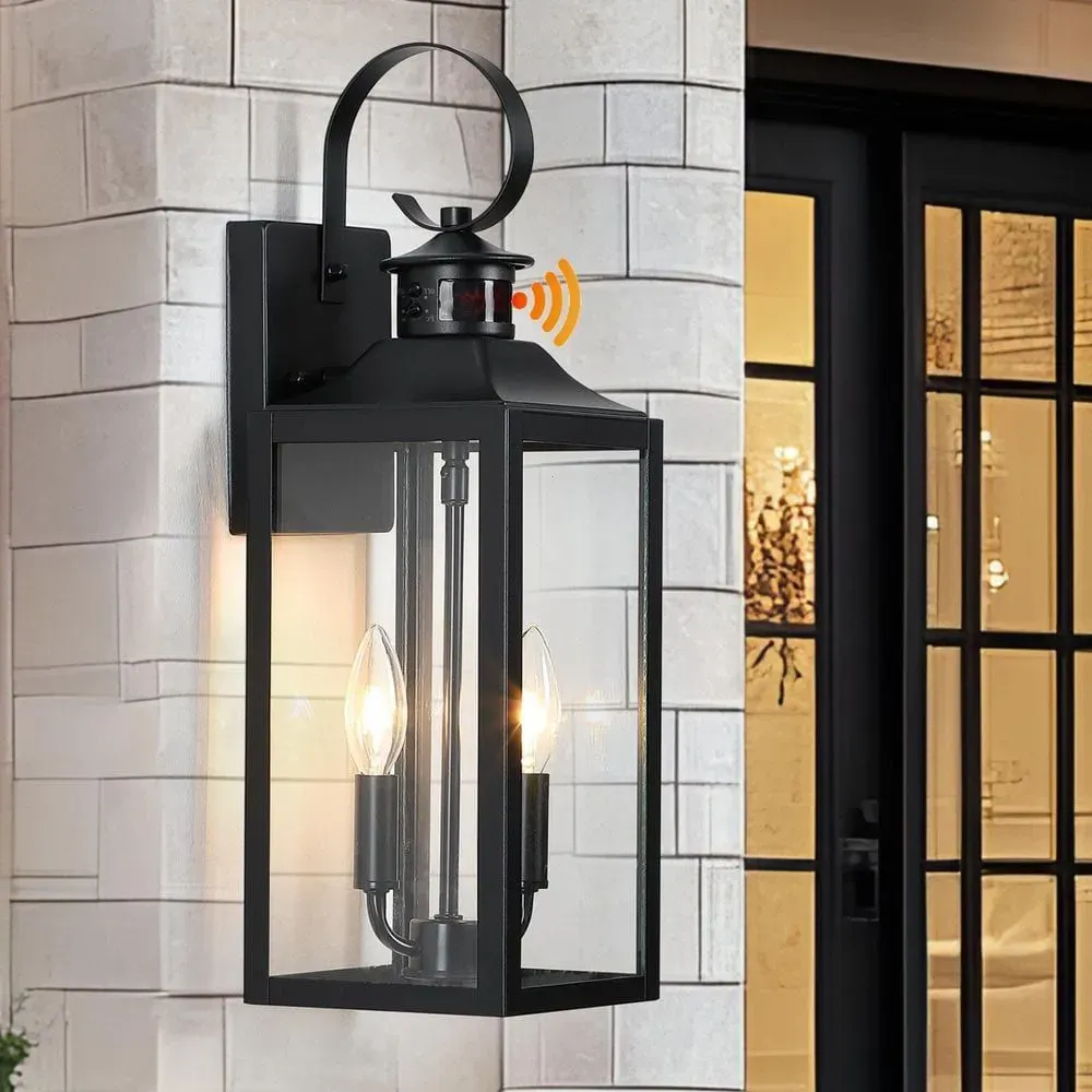 pasentel 2-Light Black Motion Sensing Dusk to Dawn Outdoor Hardwired Wall Lantern Scone with Clear Glass, No Bulbs Included - image 1
