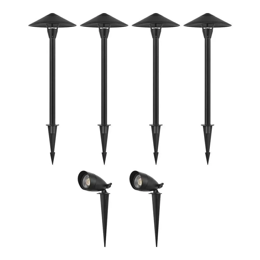 Hampton Bay 600 Lumen Black Low Voltage Integrated LED Spotlight Kit with 2-Spotlights, 4-Path Lights, Transformer, 50 ft. Cable - image 1