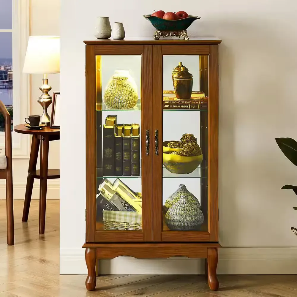 Curio Oak Cabinet Lighted Curio Diapaly Cabinet with Adjustable Shelves and Mirrored Back Panel Tempered Glass Doors - image 1