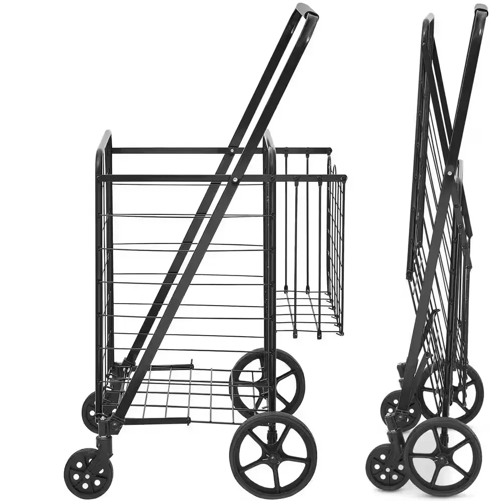Folding Shopping Cart, Jumbo Grocery Cart with Double Baskets, 360° Swivel Wheels, Duty Utility Cart Black Kitchen Cart - image 1