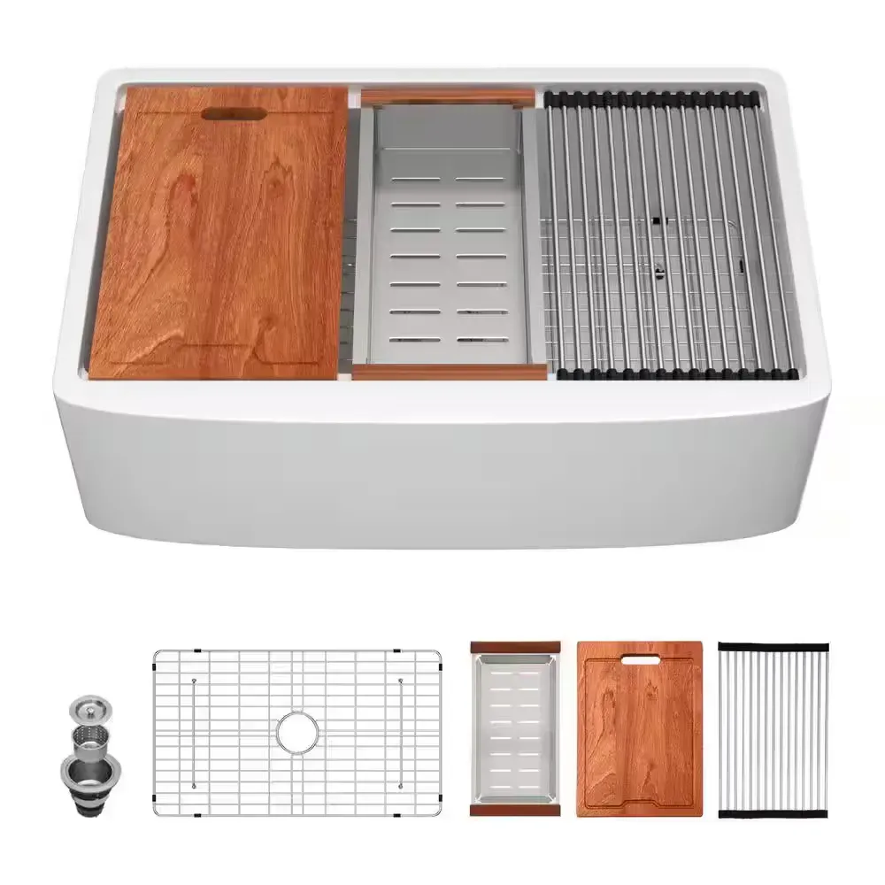 33 in. Farmhouse Apron Front Single Bowl Glossy Ceramic Undermount Workstation Kitchen Sink with Strainer - image 1