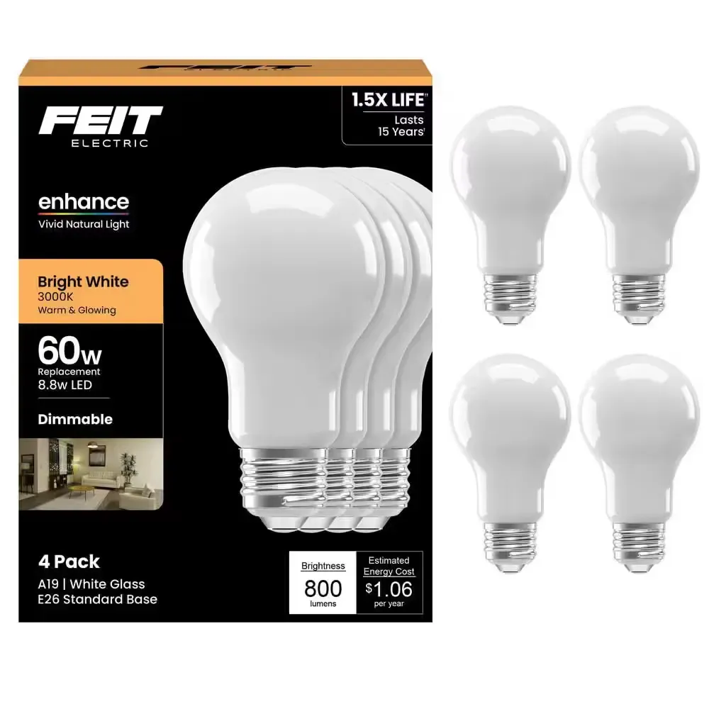 60-Watt Equivalent A19 Dimmable Filament CEC 90 CRI White Glass E26 Medium LED Light Bulb, Bright White 3000K (10 pack ) )  - image 1