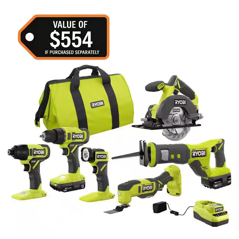 ONE+ 18V Cordless 6-Tool Combo Kit with 1.5 Ah Battery, 4.0 Ah Battery, and Charger - image 1