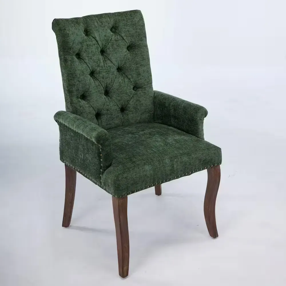 Olive Green Chenille Dining Chair, Upholstered Accent Chair with Curved Solid Wood Legs, Elegant Tufted Club ArmChair - image 1