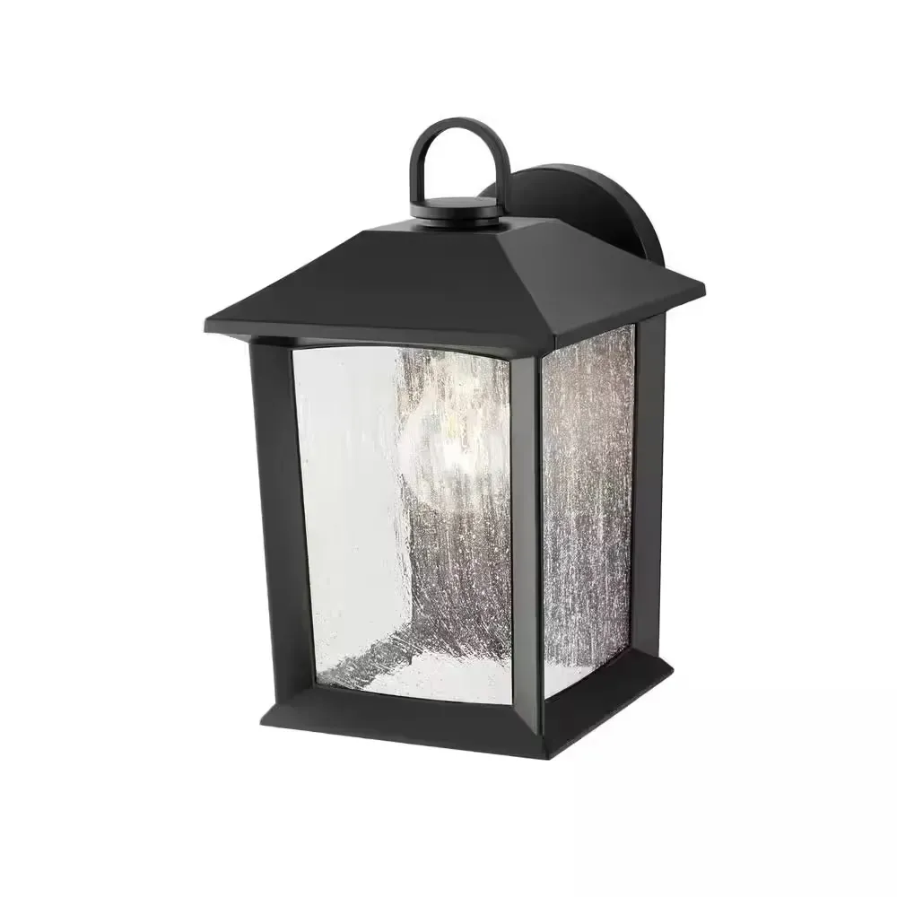 Ashton 10.87 in. 1-Light Black Hardwired Outdoor Wall Light Lantern Sconce with Seeded Glass and with No Bulb Included - image 1