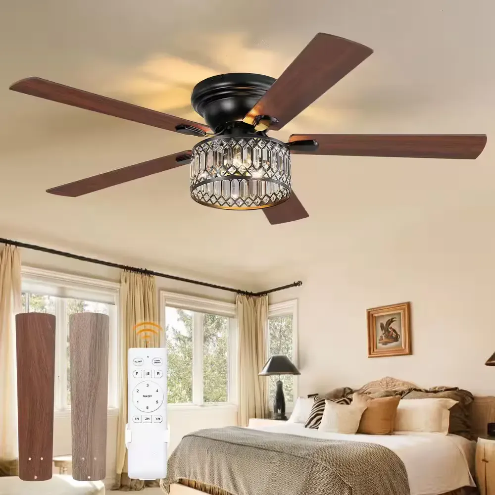 56 in. Smart Indoor Black Flush Mount Farmhouse Chandelier 6-Speeds Ceiling Fan with Remote Control and Lights - image 1