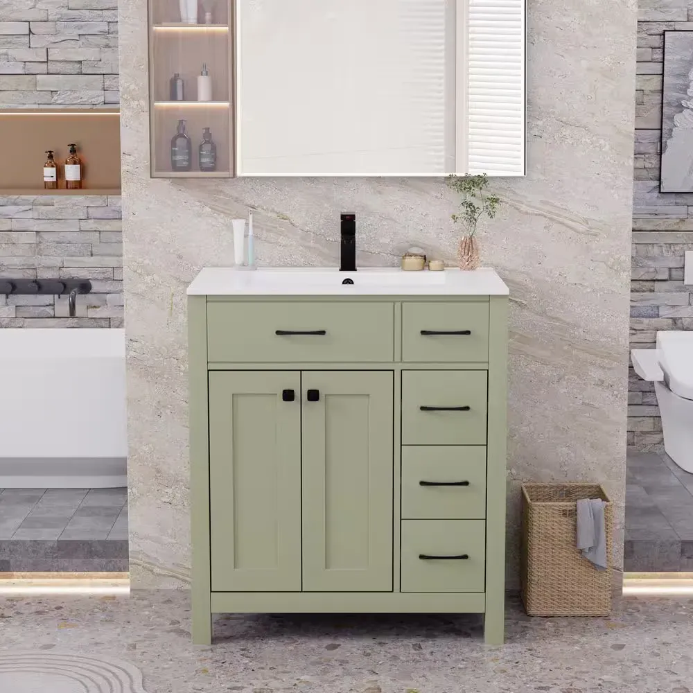 30 in. W x 19 in. D x 34 in. H Single Sink Freestanding Green Bath Vanity with White Resin Top and Drain Faucet Set - image 1