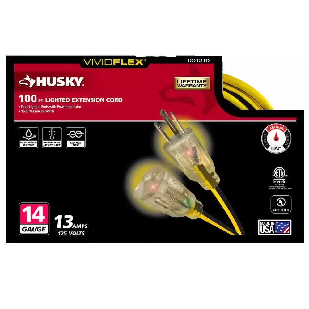 VividFlex 100 ft. 14/3 Gauge Medium Duty Indoor/Outdoor Extension Cord with Lighted End, Yellow - image 1