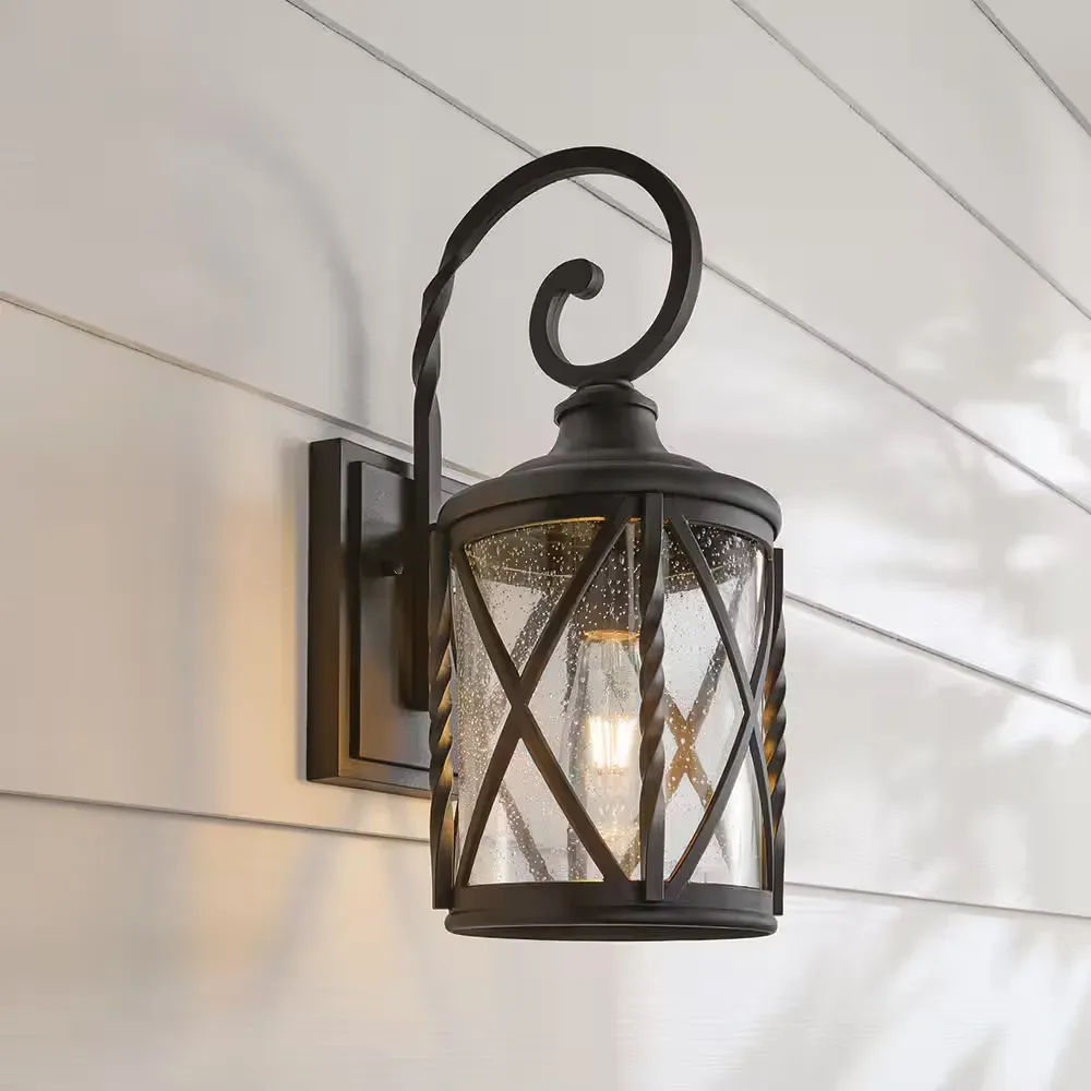 Walcott Manor 18.75 in. Black Outdoor Hardwired Wall Lantern Sconce with Clear Seeded Glass - image 1