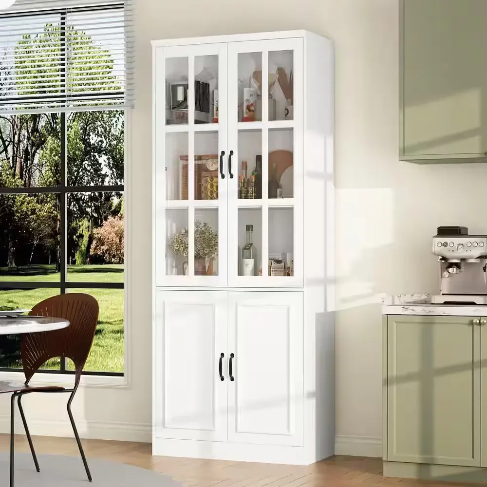 Tall White Kitchen Pantry Cabinet with Glass Display Doors - image 1