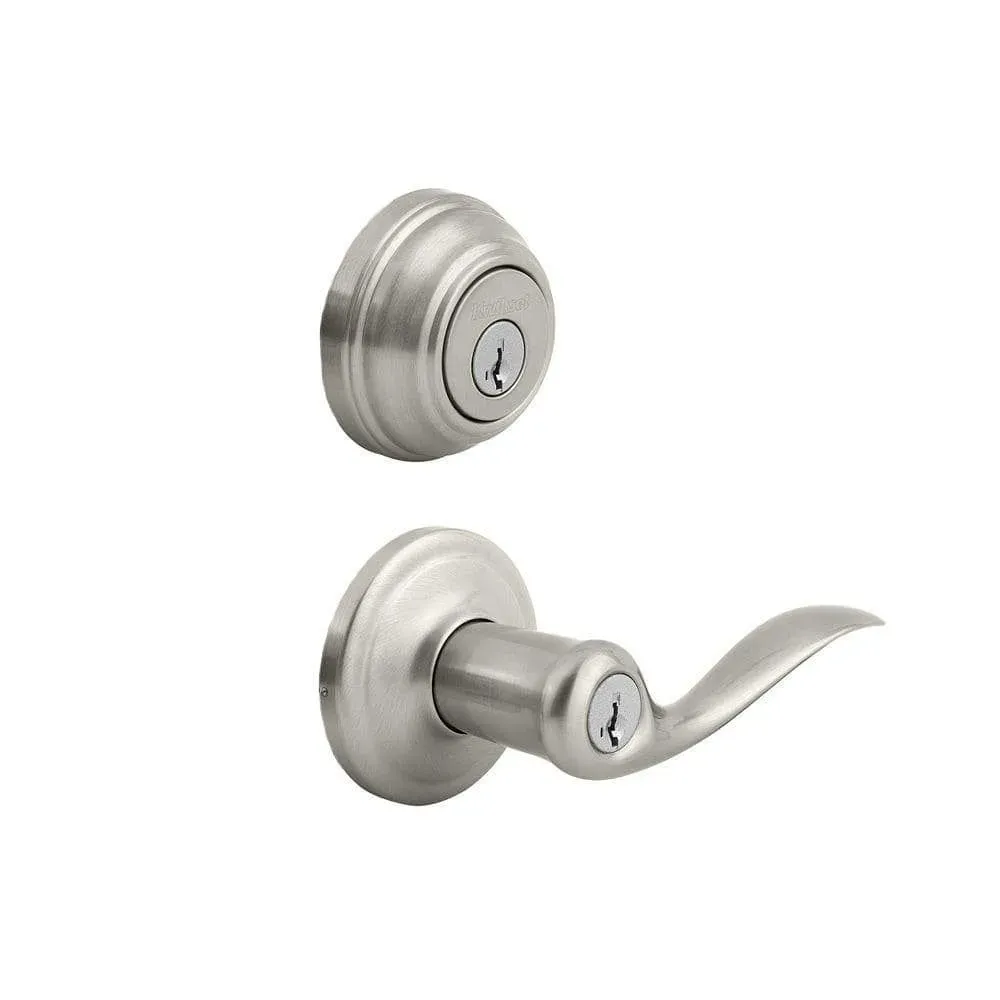 Kwikset Tustin Satin Nickel Exterior Entry Door Handle and Single Cylinder Deadbolt Combo Pack Featuring SmartKey Security - image 1