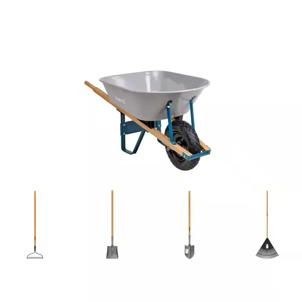 6 cu. ft. Steel Wheelbarrow, 47 in. Bow Rake, Transfer Shovel, Digging Shovel and 24 in. Poly Leaf Rake Combo - image 1