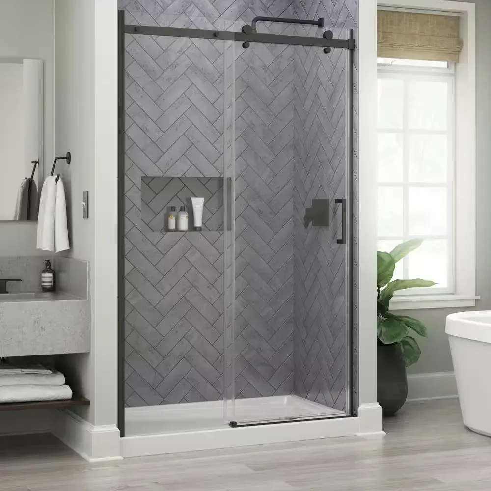 Commix 46 to 48 in. W x 76 in. H Frameless Exposed Roller Sliding Shower Door in Matte Black with 5/16 in. Clear Glass - image 1