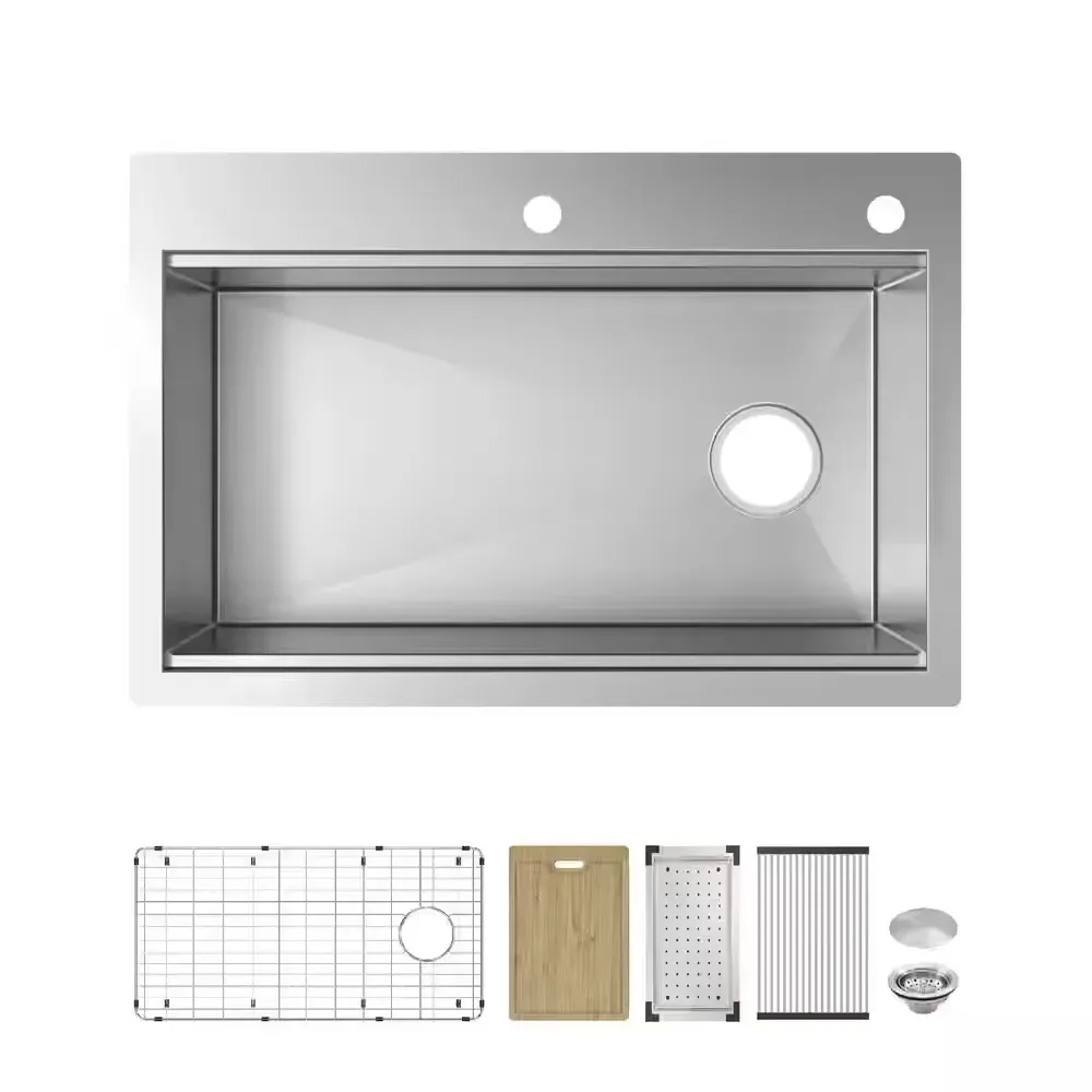 Professional Zero Radius 33 in. Drop-In Single Bowl 16 Gauge Stainless Steel Workstation Kitchen Sink with Accessories - image 1