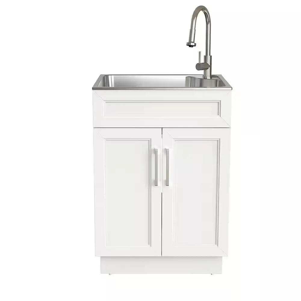 24 in. Drop-In Stainless Steel Laundry Sink with Assembled Cabinet in White with Faucet - image 1
