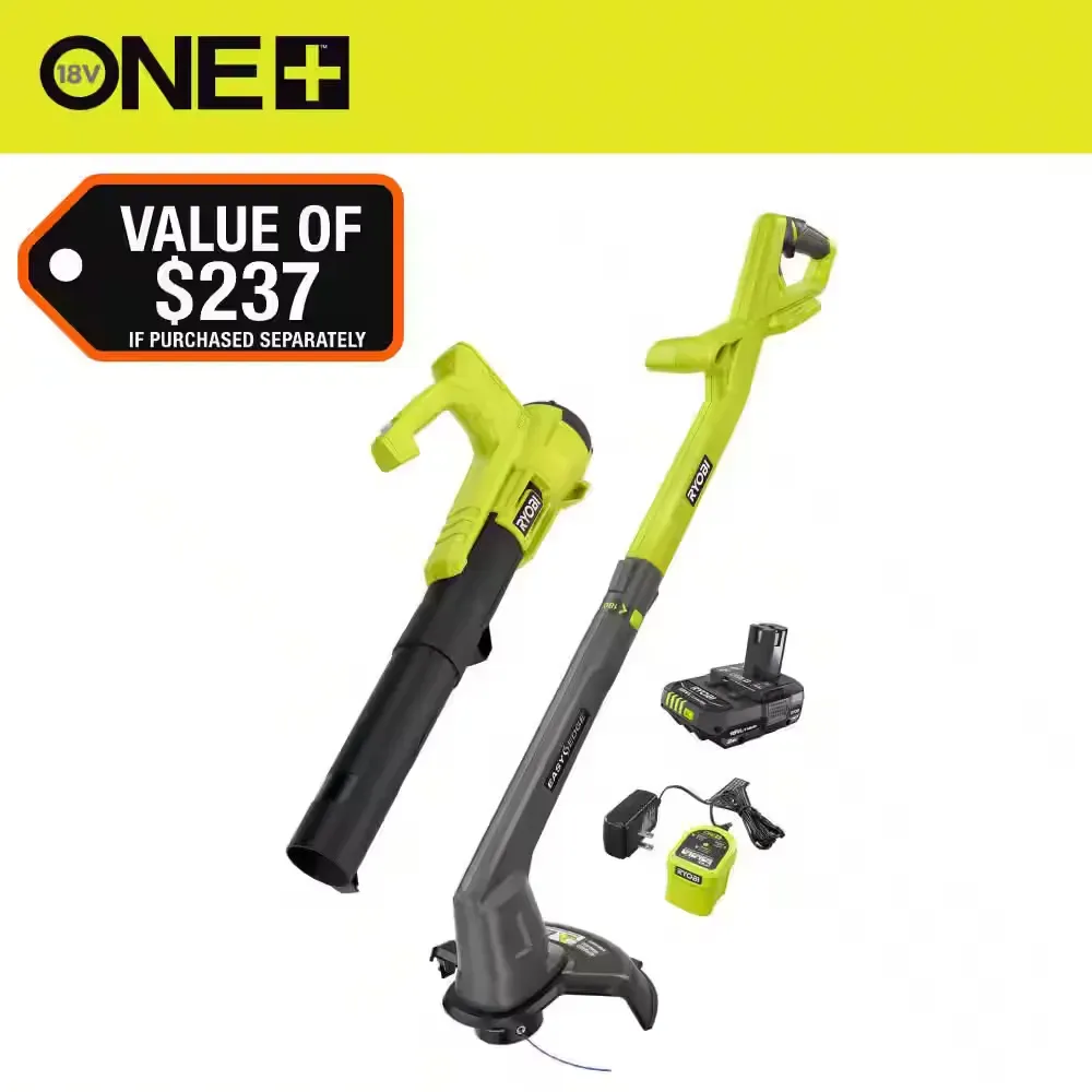 ONE+ 18V Cordless String Trimmer/Edger and Blower/Sweeper Combo Kit (2-Tools) with 2.0 Ah Battery and Charger - image 1