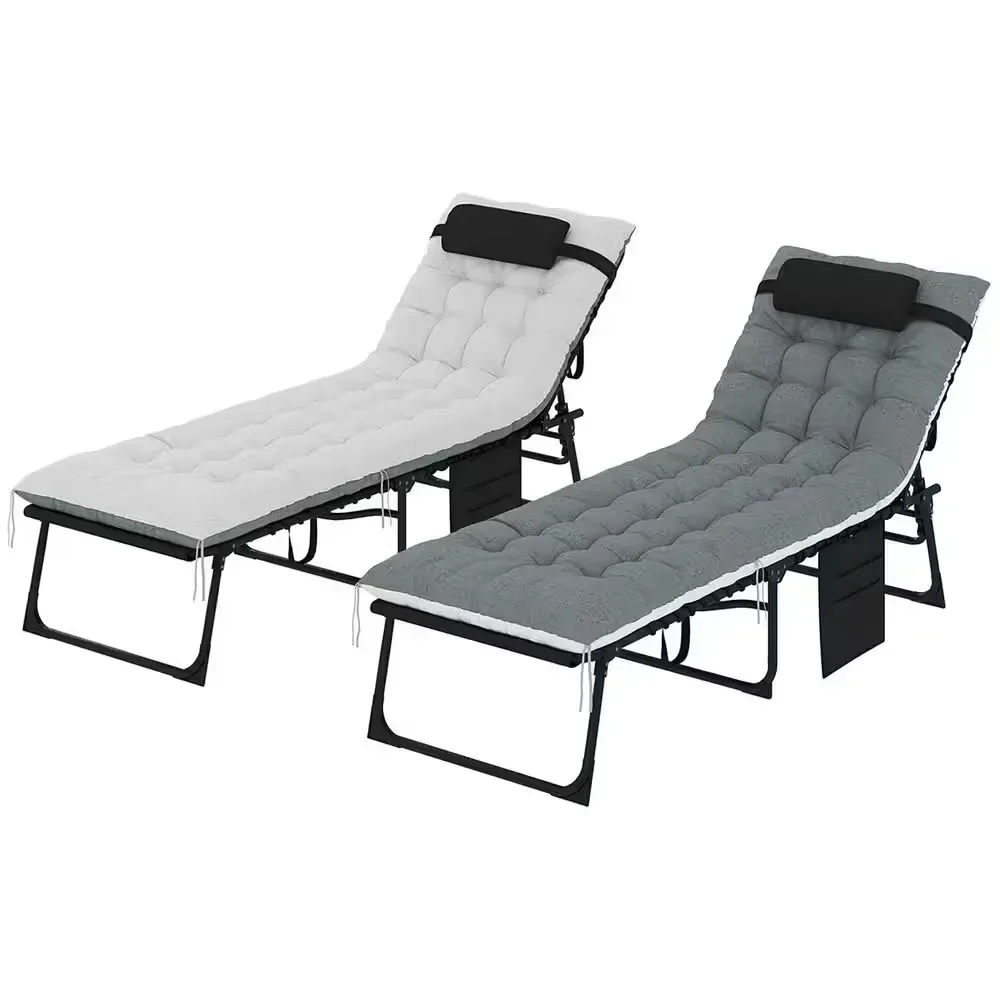 2-Piece Metal Folding Outdoor Chaise Lounge Chair with Black/Gray Cushion, Headrest and Side Pocket, 5-Level Adjustable - image 1