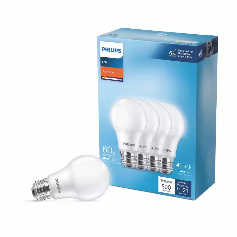 60-Watt Equivalent A19 Non-Dimmable E26 LED Light Bulb With EyeComfort Technology Soft White 2700K (4-Pack) - image 1