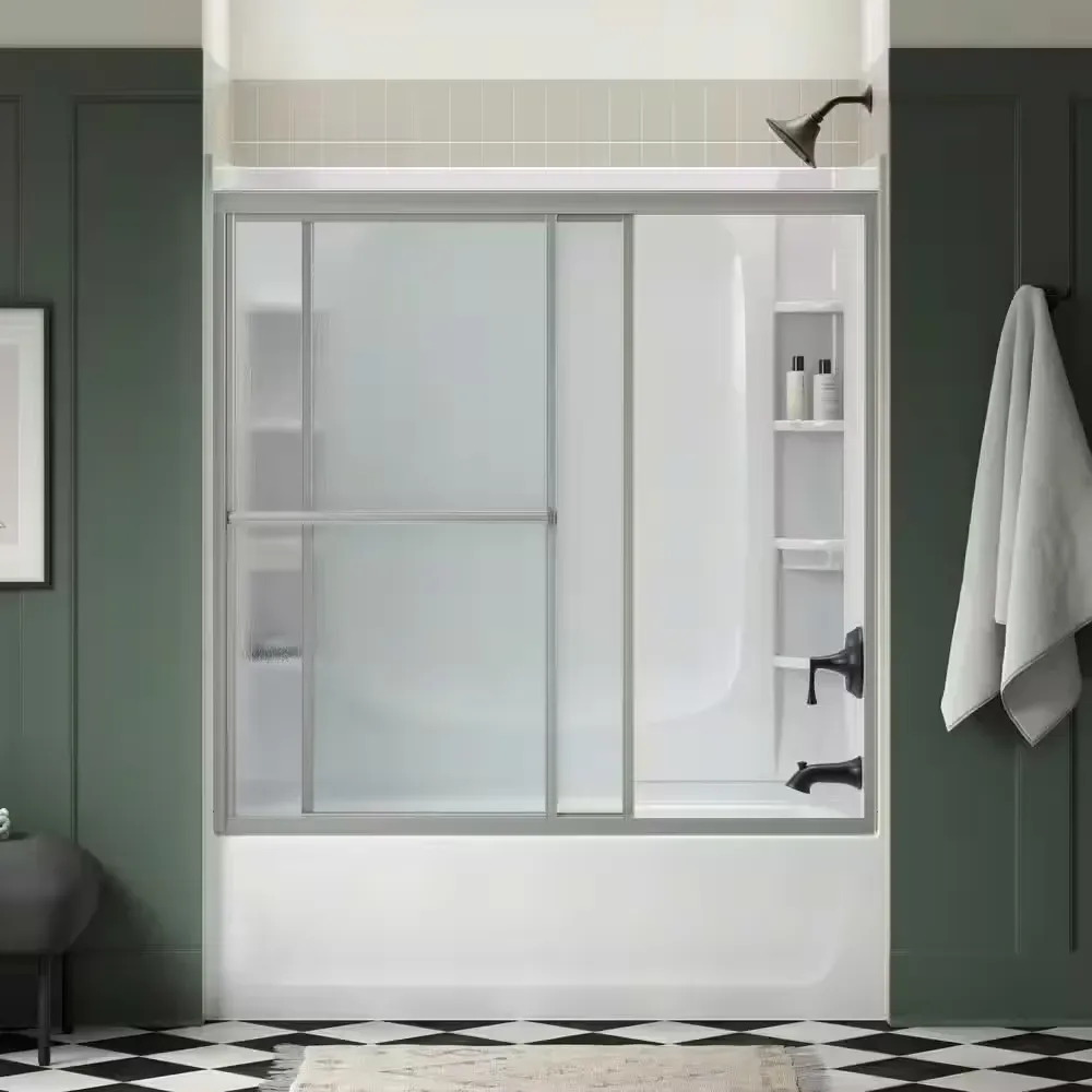Deluxe 55-60 in. W x 56 in. H Sliding Tub Door in Silver with 1/8 in. thick Rain Glass and Integrated Towel Bar - image 1