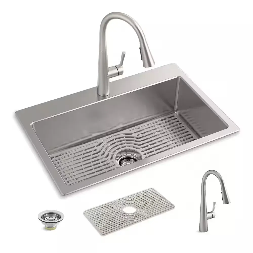 Cursiva 18-Gauge Stainless Steel 33 in. Single Bowl Drop-In Kitchen Sink with Faucet - image 1