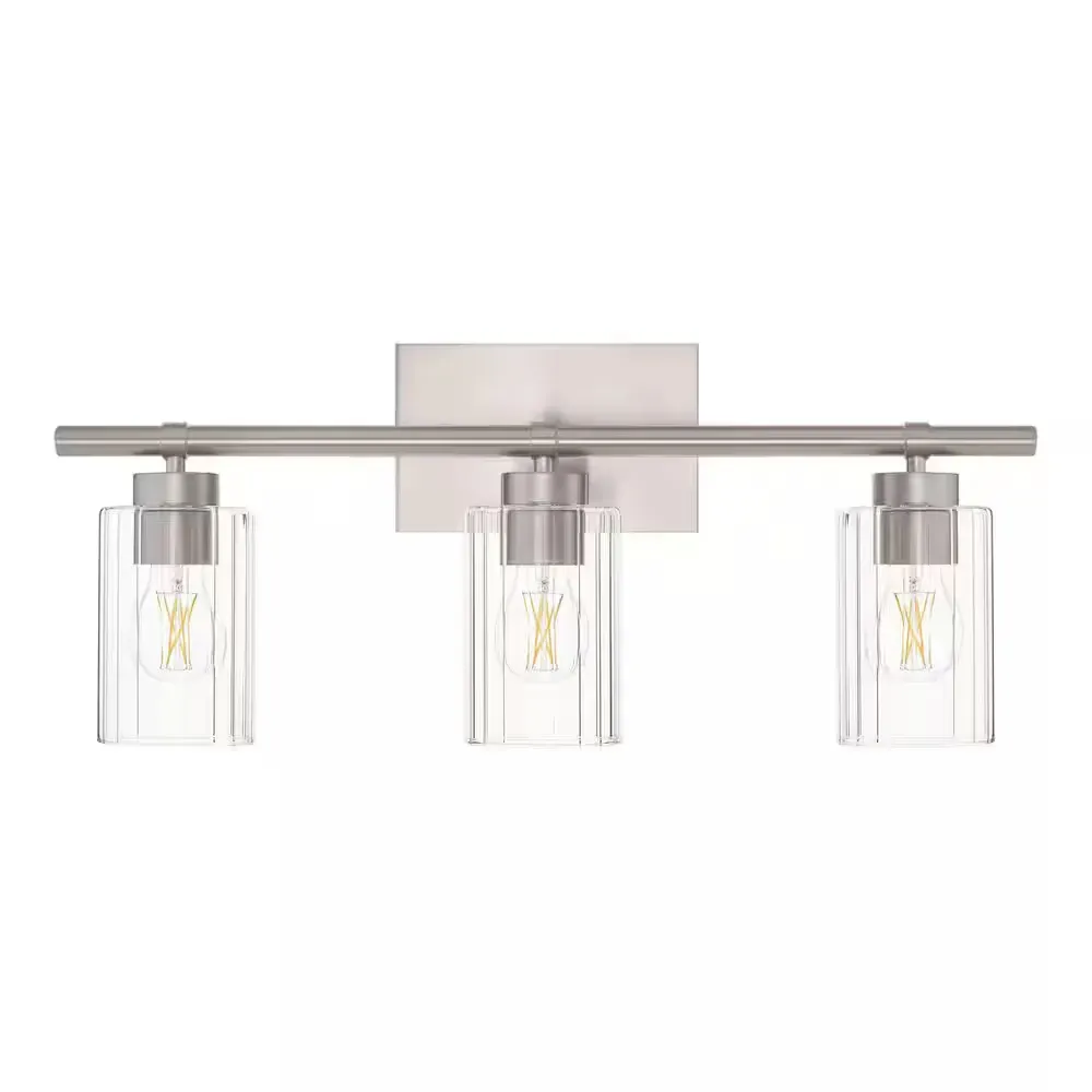 24 in. 3-Light Brushed Nickel Bathroom Vanity Light with Clear Ribbed Glass - image 1