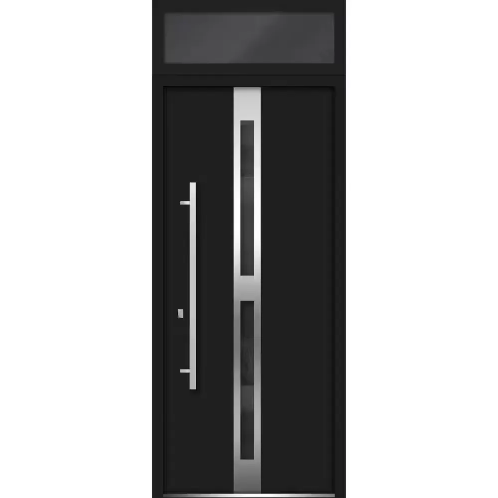 36 in. x 96 in. Right-Hand/Inswing Transom Tinted Glass Black Enamel Steel Prehung Front Door with Hardware - image 1