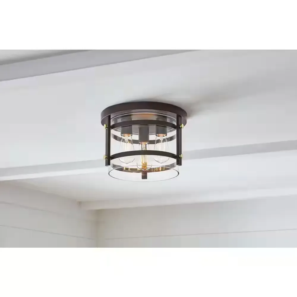 Huxley 11.9 in. 3-Light Dark Bronze Flush Mount Ceiling Light with Clear Glass Shade - image 1