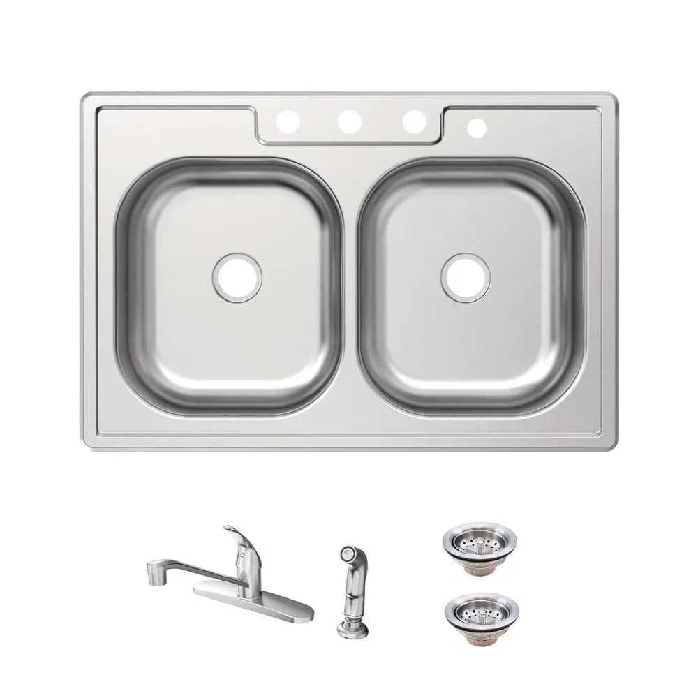 Glacier Bay 33 in. Drop-In 50/50 Double Bowl 20 Gauge Stainless Steel Kitchen Sink with Faucet and Sprayer - image 1