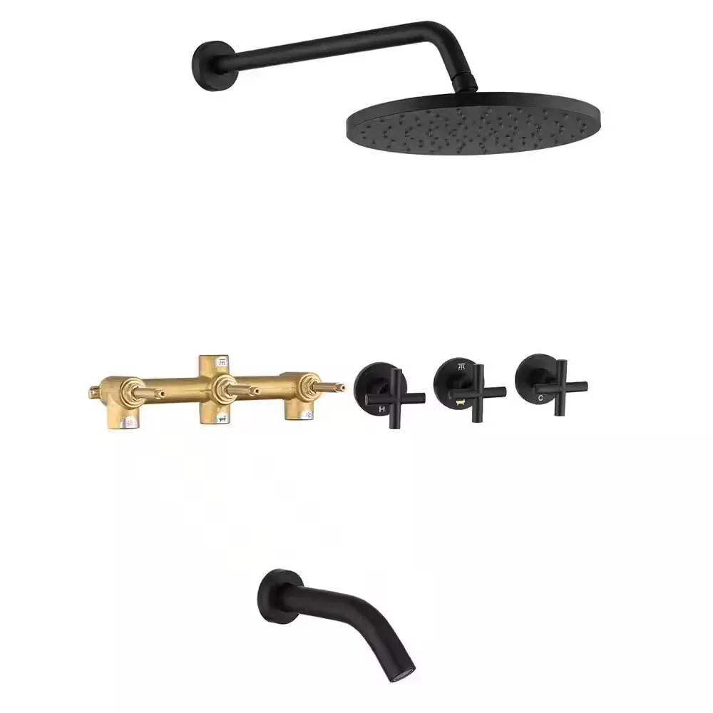 Modern Matte Black Wall-Mounted Tub and Shower Faucet Set with Rain Shower Head - image 1