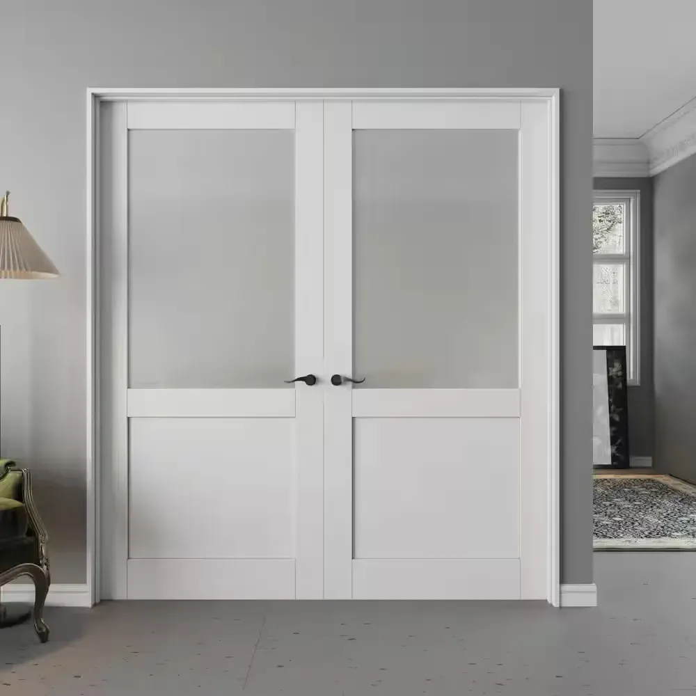 *** It is just the door frame; the door itself is not included.*** 72 in. x 80 in. Universal Handed 1/2-Lite Frosted Glass White Solid Core French Door with Quick Assemble Jamb - image 1