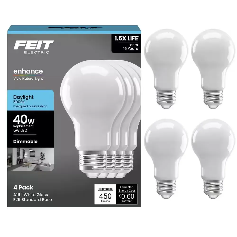 ***Pack of 4 ***40-Watt Equivalent A-Style A19 Dimmable CEC 90 CRI Frosted Glass Filament E26 LED Light Bulb, Daylight 5000K (4-Pack) - image 1