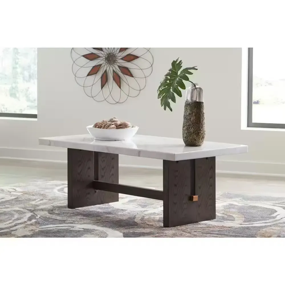 Burkhaus 52 In. White/Brown Rectangle Marble Coffee Table - image 1