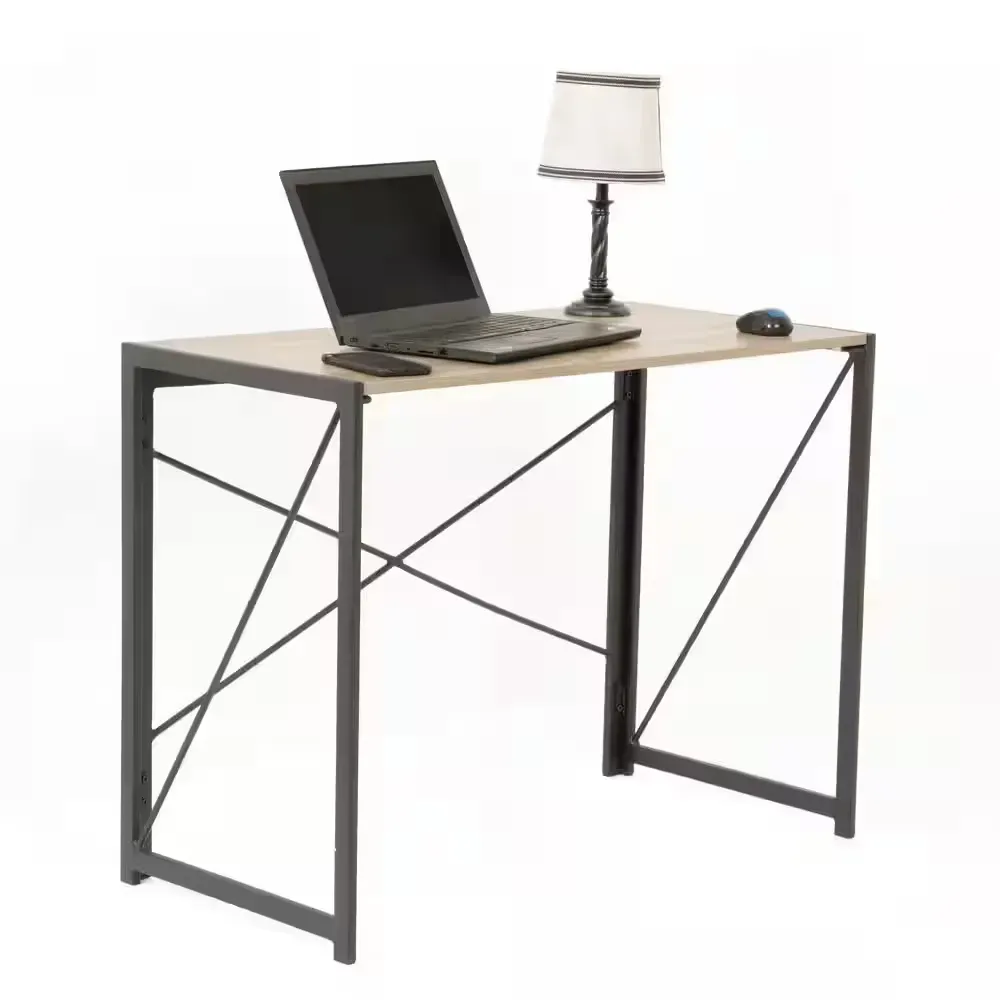 Foldable 39.5 in. Rectangular Sewn Oak Laminate with black Metal Base Writing Desk assembled with no tools - image 1