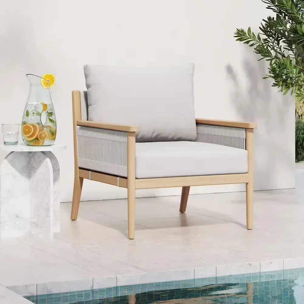 Kayden Bohemian Raw Oak Solid Wood Outdoor Armchair with White Cream Upholstered Cushions and Rope Accent - image 1