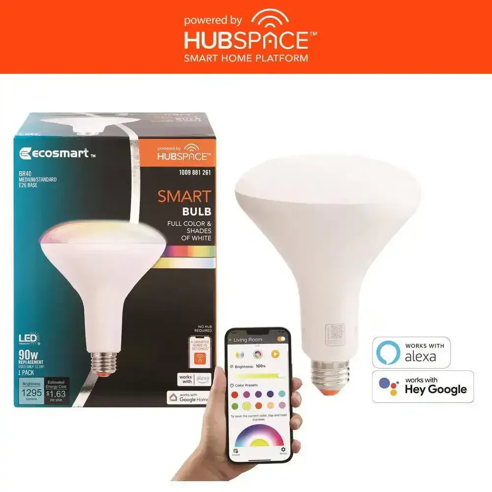 *** Pack of 4 *** 90-Watt Equivalent Smart BR40 Color Changing CEC LED Light Bulb with Voice Control (1-Bulb) Powered by Hubspace - image 1